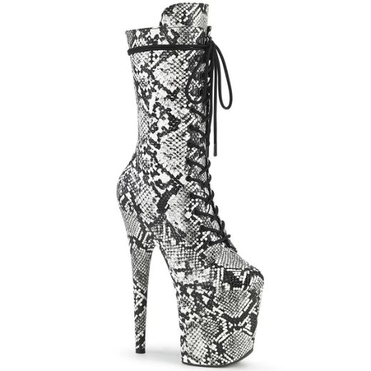 Product image of Pleaser FLAMINGO-1050SP Black-White Animal Print Print/Black-White Animal Print Print 8 inch (20 cm) Heel 4 inch (10 cm) Platform Lace-Up Front Mid Calf Boot Side Zip