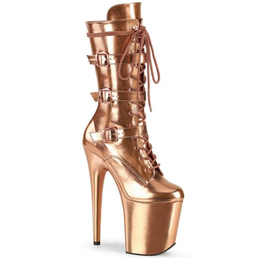 Product image of Pleaser FLAMINGO-1053 Rose Gold Metallic Polyurethane (Pu)/Rose Gold Metallic Polyurethane (Pu) 8 inch (20 cm) Heel 4 inch (10 cm) Platform Lace-Up Front Mid Calf Boot Side Zip