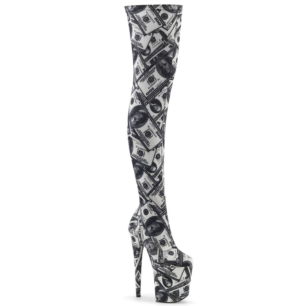 Product image of Pleaser FLAMINGO-3000DP White-Black Stretch Fabric/White-Black Fabric 8 inch (20 cm) Heel 4 inch (10 cm) Platform Stretch Thigh Boot Side Zip
