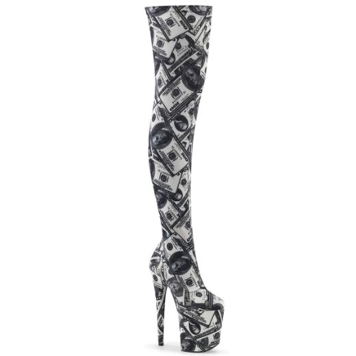 Product image of Pleaser FLAMINGO-3000DP White-Black Stretch Fabric/White-Black Fabric 8 inch (20 cm) Heel 4 inch (10 cm) Platform Stretch Thigh Boot Side Zip