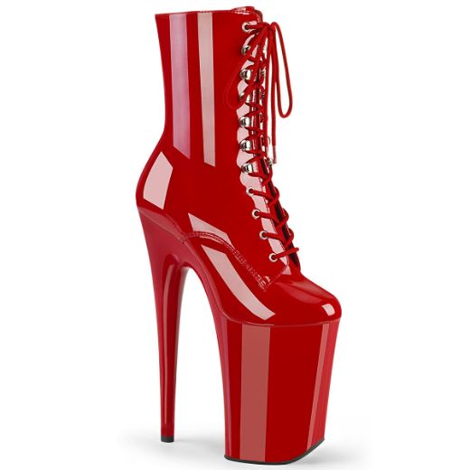 Product image of Pleaser INFINITY-1020 Red Patent/Red 9 inch (23 cm) Heel 5 1/4 inch (13.5 cm) Platform Lace-Up Front Ankle Boot Side Zip