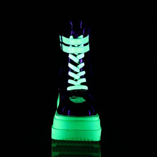 Product image of Demonia SHAKER-52 Black Patent-Blacklight (Uv) Reactive Neon Green 4 1/2 inch Wedge Platform Lace-Up Ankle Boot Side Zip