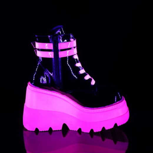 Product image of Demonia SHAKER-52 Black Patent-Blacklight (Uv) Reactive Neon Pink 4 1/2 inch Wedge Platform Lace-Up Ankle Boot Side Zip