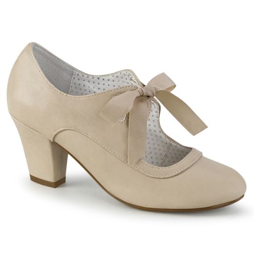 Product image of Pin Up Couture WIGGLE-32 Beige Faux Leather 2 1/2 inch (6.5 cm) Cuben Heel Heel Mary Jane Pump With Ribbon Tie Court Pump Shoes