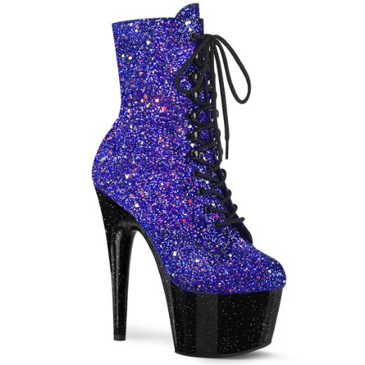 Product image of Pleaser ADORE-1020MG Blue Multicolour Glitter/Black 7 inch (17.8 cm) Heel 2 3/4 inch (7 cm) Platform Lace-Up Front Ankle Boot Side Zip