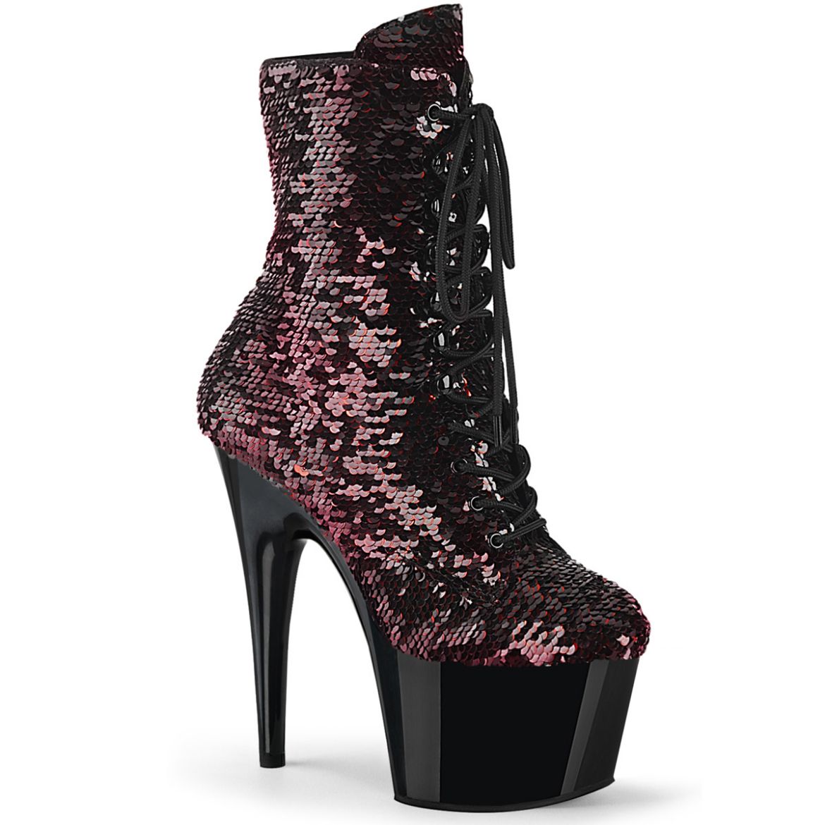 Product image of Pleaser ADORE-1020SQ Black-Red Flip Sequins/Black 7 inch (17.8 cm) Heel 2 3/4 inch (7 cm) Platform Lace-Up Sequins Ankle Boot Side Zip