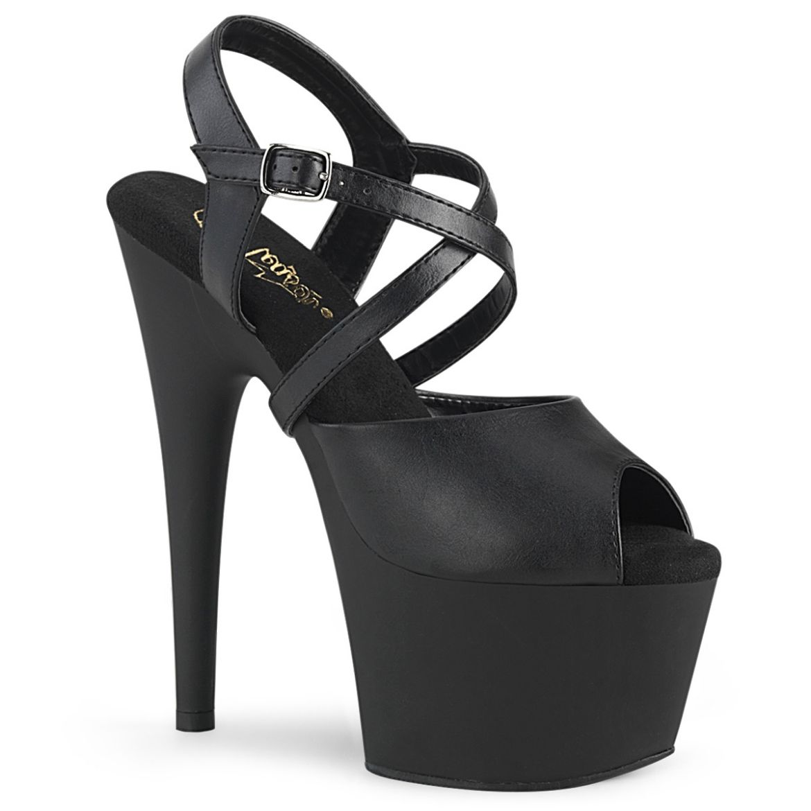 Product image of Pleaser ADORE-724 Black Faux Leather/Black Matte 7 inch (17.8 cm) Heel 2 3/4 inch (7 cm) Platform Peep Toe Criss Cross Straps Sandal