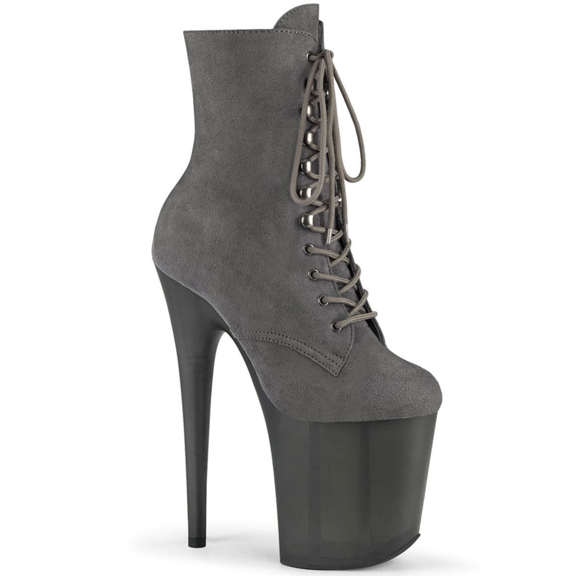 Product image of Pleaser FLAMINGO-1020FST Grey Faux Suede/Frosted Grey 8 inch (20 cm) Heel 4 inch (10 cm) Tinted Platform Lace-Up Front Ankle Boot Side Zip