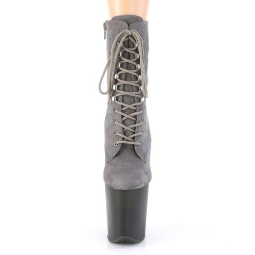 Product image of Pleaser FLAMINGO-1020FST Grey Faux Suede/Frosted Grey 8 inch (20 cm) Heel 4 inch (10 cm) Tinted Platform Lace-Up Front Ankle Boot Side Zip
