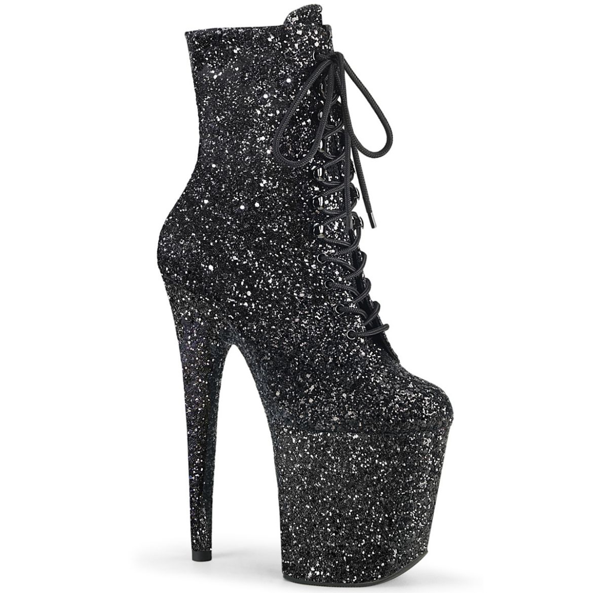 Product image of Pleaser FLAMINGO-1020GWR Black Glitter/Black Glitter 8 inch (20 cm) Heel 4 inch (10 cm) Platform Lace-Up Glitter Ankle Boot Side Zip