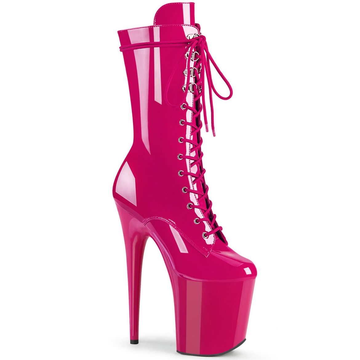 Product image of Pleaser FLAMINGO-1050 Hot Pink Patent/Hot Pink 8 inch (20 cm) Heel 4 inch (10 cm) Platform Lace-Up Glitter Ankle Boot Side Zip
