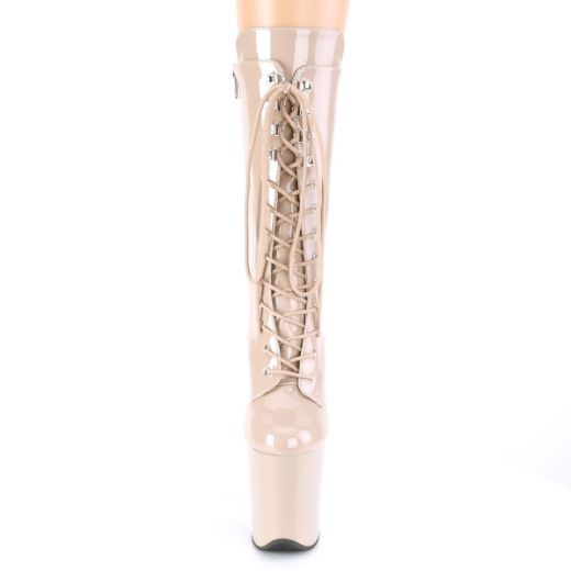 Product image of Pleaser FLAMINGO-1050 Nude Patent/Nude 8 inch (20 cm) Heel 4 inch (10 cm) Platform Lace-Up Glitter Ankle Boot Side Zip