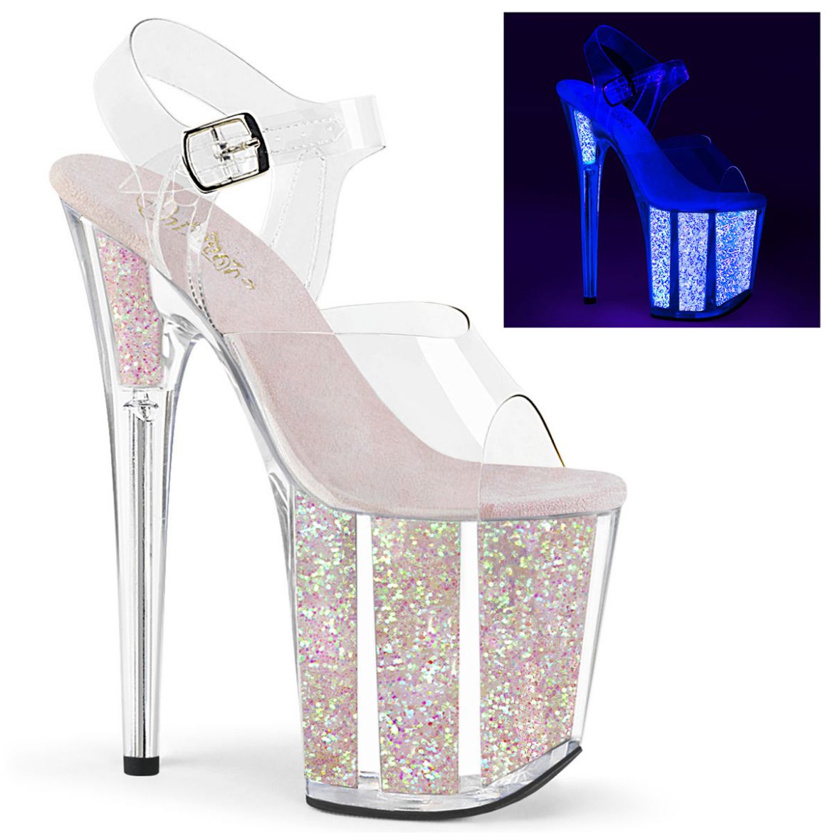 Product image of Pleaser FLAMINGO-808UVG Clear/Neon Multicolour Glitter 8 inch (20 cm) Heel 4 inch (10 cm) Platform Ankle Strap Sandal With Glitter Inserts Shoes