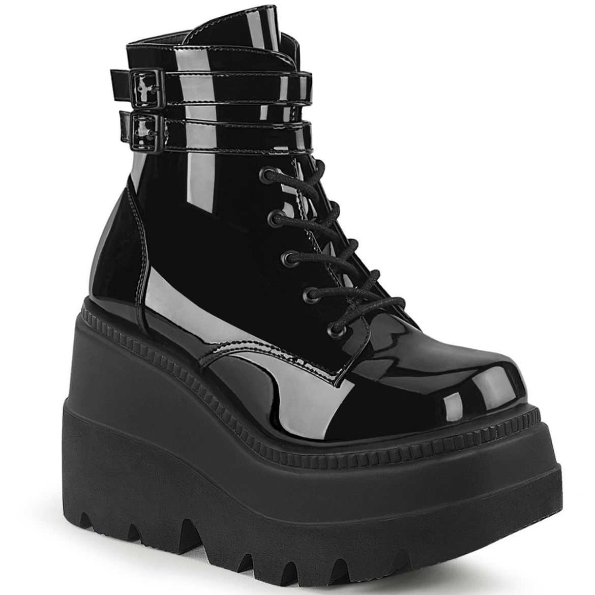 Product image of Demonia SHAKER-52 Black Patent 4 1/2 inch Wedge Platform Ankle Boot Side Zip