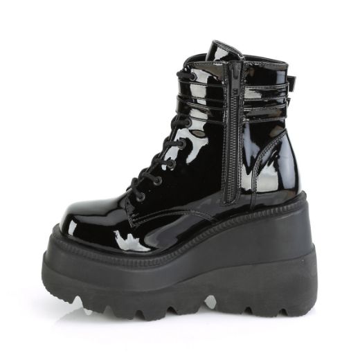 Product image of Demonia SHAKER-52 Black Patent 4 1/2 inch Wedge Platform Ankle Boot Side Zip