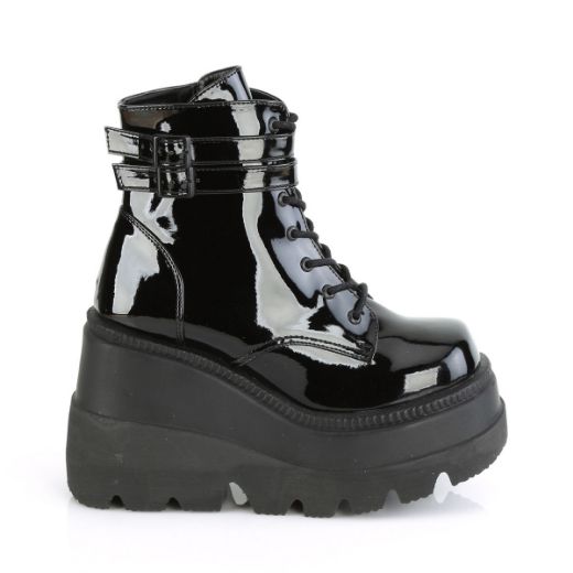 Product image of Demonia SHAKER-52 Black Patent 4 1/2 inch Wedge Platform Ankle Boot Side Zip