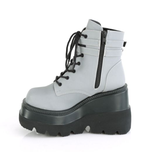 Product image of Demonia SHAKER-52 Grey Reflective 4 1/2 inch Wedge Platform Ankle Boot Side Zip