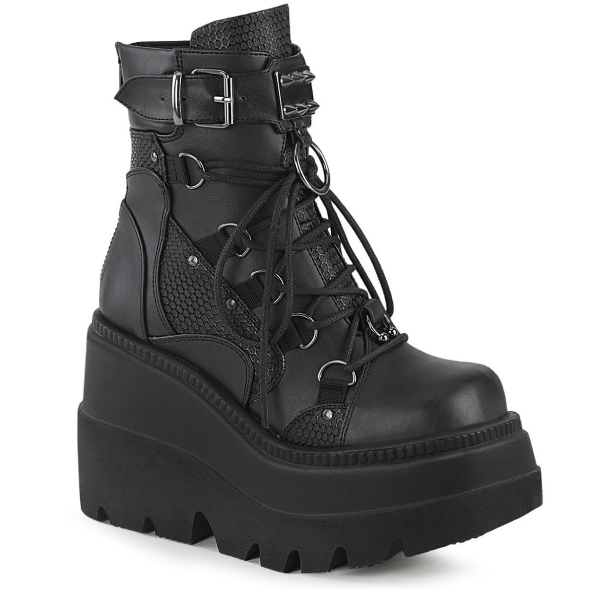 Product image of Demonia SHAKER-60 Black Vegan Faux Leather 4 1/2 inch Wedge Platform Lace-Up Ankle Boot Back Metal Zip