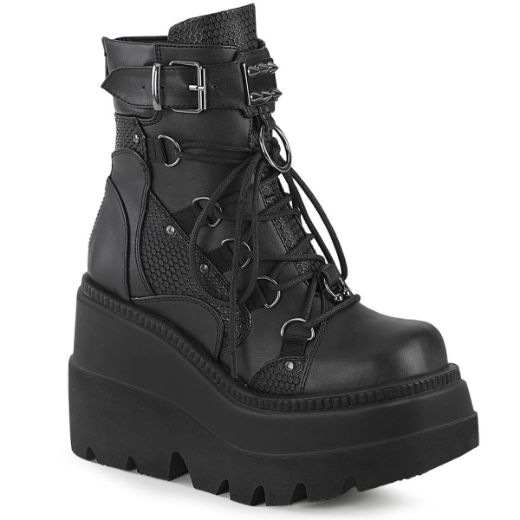 Product image of Demonia SHAKER-60 Black Vegan Faux Leather 4 1/2 inch Wedge Platform Lace-Up Ankle Boot Back Metal Zip