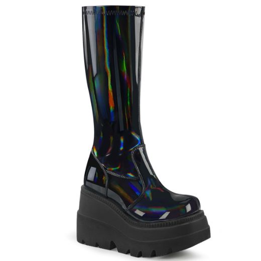 Product image of Demonia SHAKER-65 Stretch Black Patent Holographic 4 1/2 inch Wedge Platform Stretch Knee High Boot Back Zip