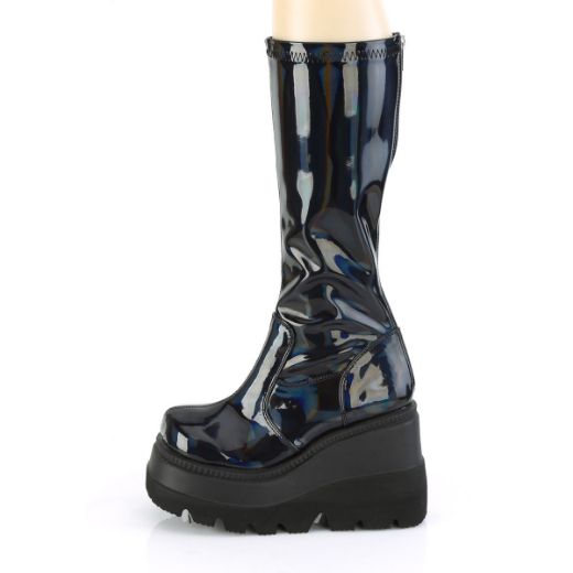 Product image of Demonia SHAKER-65 Stretch Black Patent Holographic 4 1/2 inch Wedge Platform Stretch Knee High Boot Back Zip