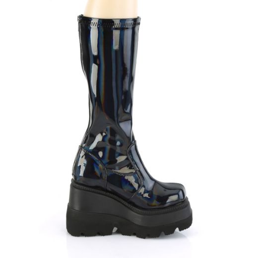 Product image of Demonia SHAKER-65 Stretch Black Patent Holographic 4 1/2 inch Wedge Platform Stretch Knee High Boot Back Zip