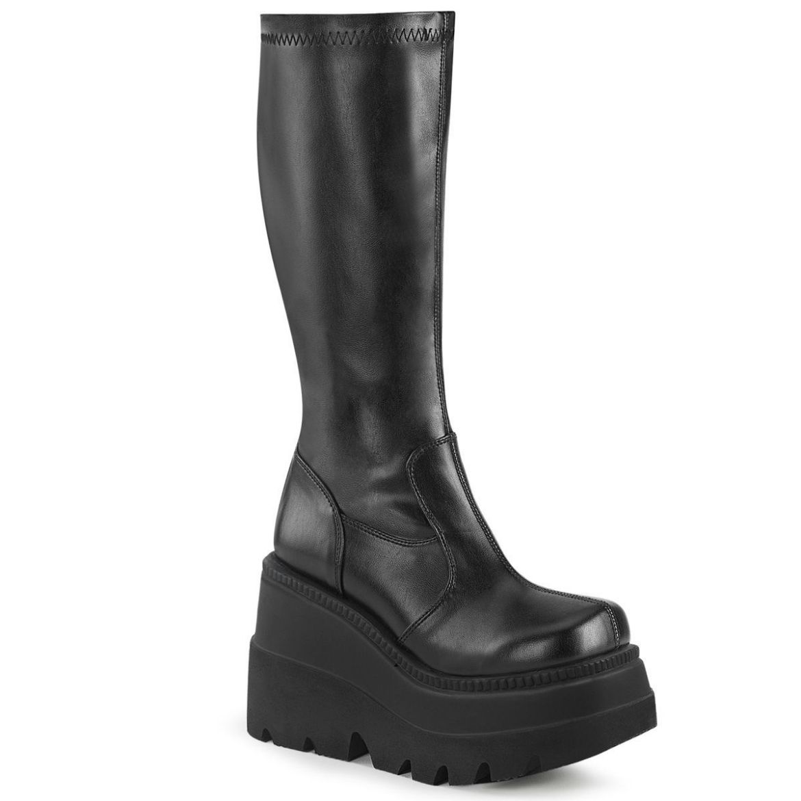 Product image of Demonia SHAKER-65 Black Stretch Vegan Faux Leather 4 1/2 inch Wedge Platform Stretch Knee High Boot Back Zip