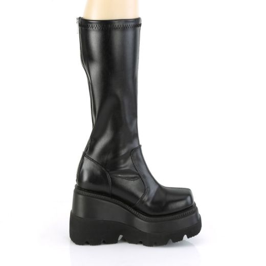 Product image of Demonia SHAKER-65 Black Stretch Vegan Faux Leather 4 1/2 inch Wedge Platform Stretch Knee High Boot Back Zip