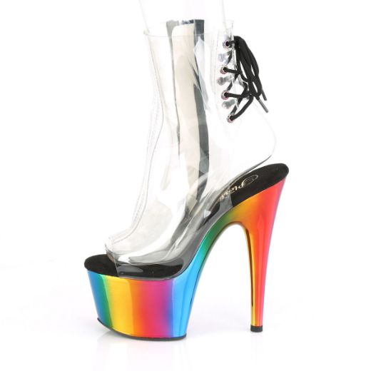 Product image of Pleaser ADORE-1018RC Clear/Rainbow Chrome 7 inch (17.8 cm) Heel 2 3/4 inch (7 cm) Chromed Platform Open Toe Ankle Boot Side Zip