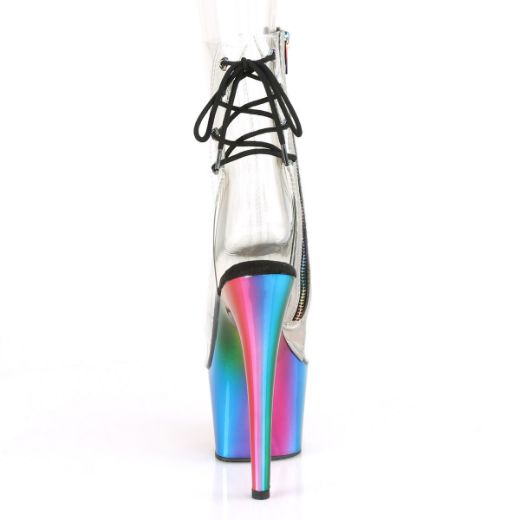 Product image of Pleaser ADORE-1018RC Clear/Rainbow Chrome 7 inch (17.8 cm) Heel 2 3/4 inch (7 cm) Chromed Platform Open Toe Ankle Boot Side Zip