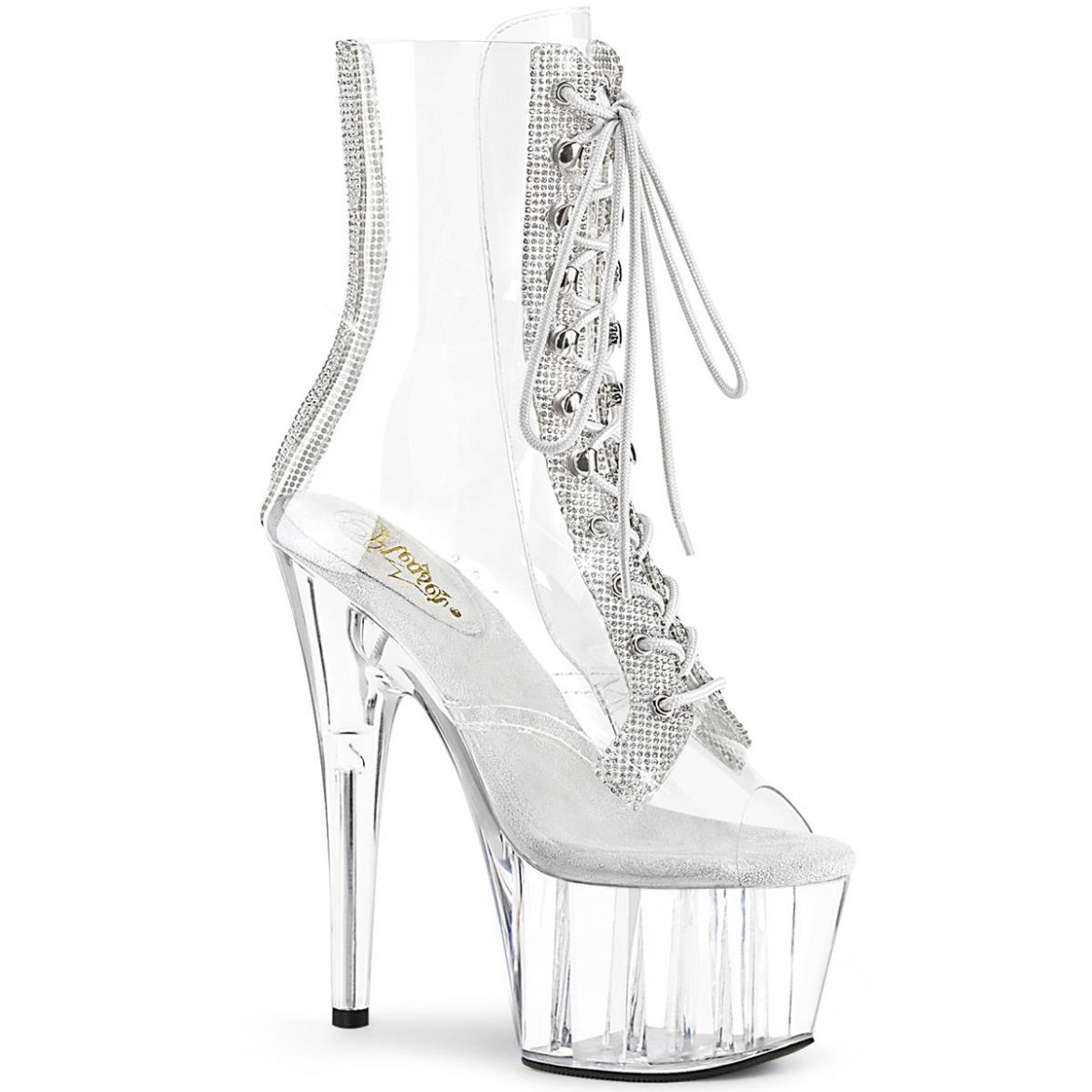 Product image of Pleaser ADORE-1021C-2 Clear-Rhinestones/Clear 7 inch (17.8 cm) Heel 2 3/4 inch (7 cm) Platform Peep Toe Lace-Up Front Ankle Boot With Rhinestones