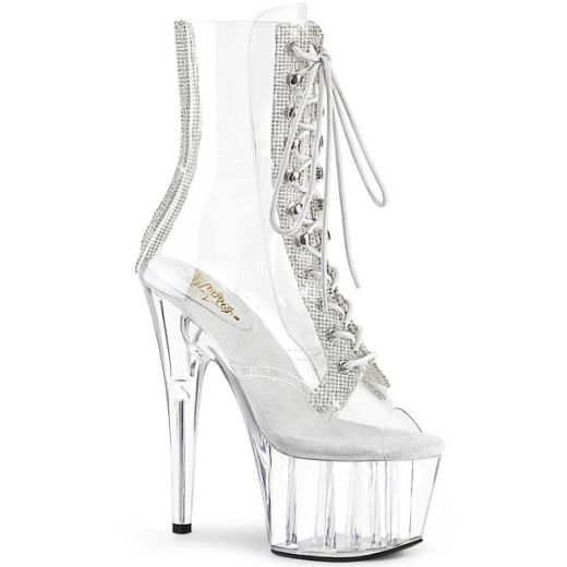 Product image of Pleaser ADORE-1021C-2 Clear-Rhinestones/Clear 7 inch (17.8 cm) Heel 2 3/4 inch (7 cm) Platform Peep Toe Lace-Up Front Ankle Boot With Rhinestones