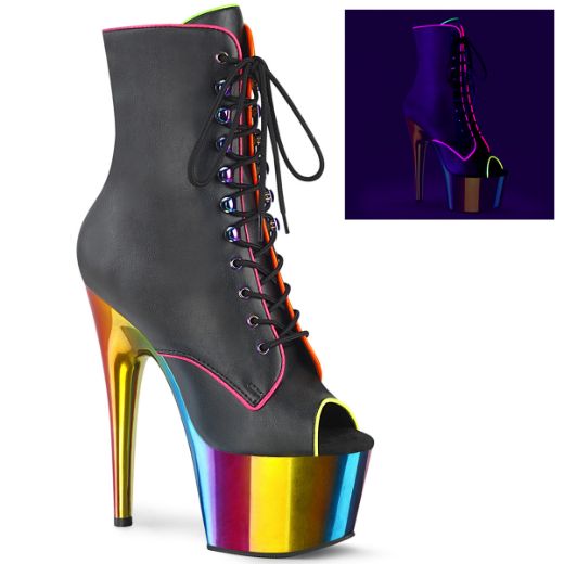 Product image of Pleaser ADORE-1021RC-02 Black Faux Leather/Rainbow Chrome 7 inch (17.8 cm) Heel 2 3/4 inch (7 cm) Platform Peep Toe Lace-Up Ankle Boot Side Zip