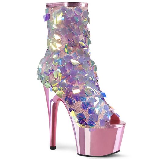 Product image of Pleaser ADORE-1031SSQ Iri.Multicolour Sequins-B.Pink Metallic Polyurethane (Pu)/B.Pink Chrome 7 inch (17.8 cm) Heel 2 3/4 inch (7 cm) Platform Open Toe Ankle Boot Side Zip