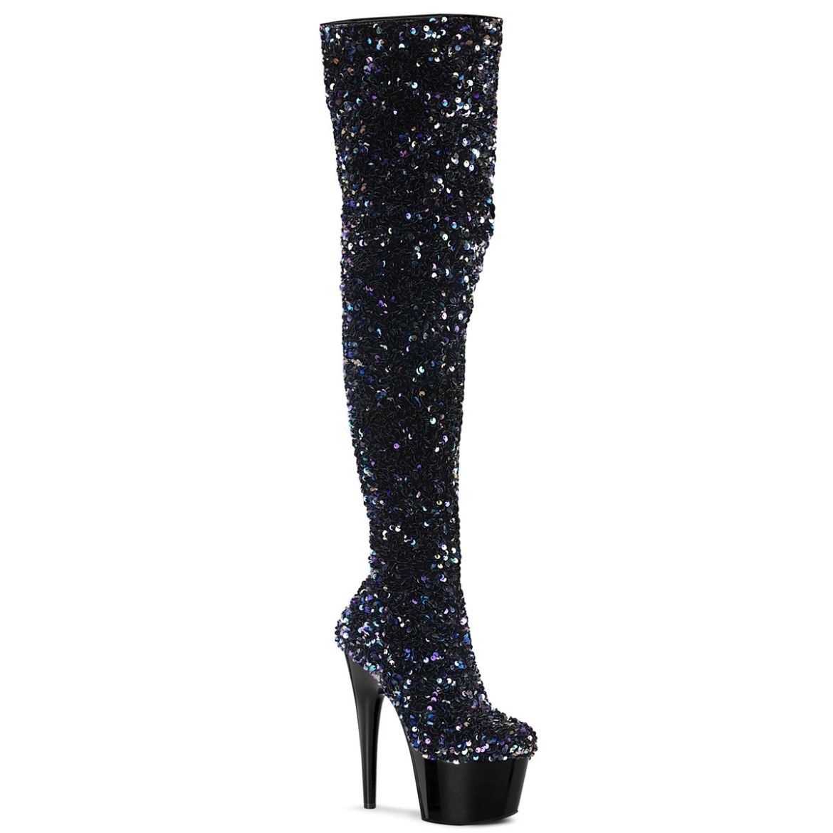 Product image of Pleaser ADORE-3020 Black Multicolour Seuqins/Black 7 inch (17.8 cm) Heel 2 3/4 inch (7 cm) Platform Sequins Thigh High Boot Inside Zip
