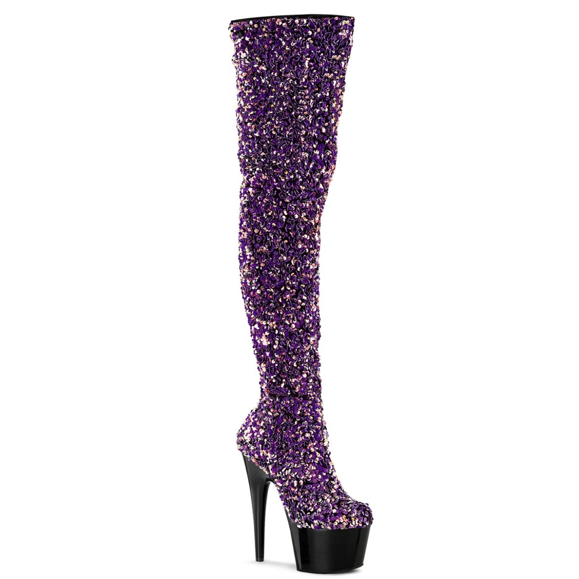 Product image of Pleaser ADORE-3020 Purple Multicolour Sequins/Black 7 inch (17.8 cm) Heel 2 3/4 inch (7 cm) Platform Sequins Thigh High Boot Inside Zip