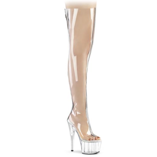 Product image of Pleaser ADORE-3021 Clear Polyurethane (Pu)-Silver Metallic/Clear 7 inch (17.8 cm) Heel 2 3/4 inch (7 cm) Platform Open Toe Thigh High Boot Back Zip