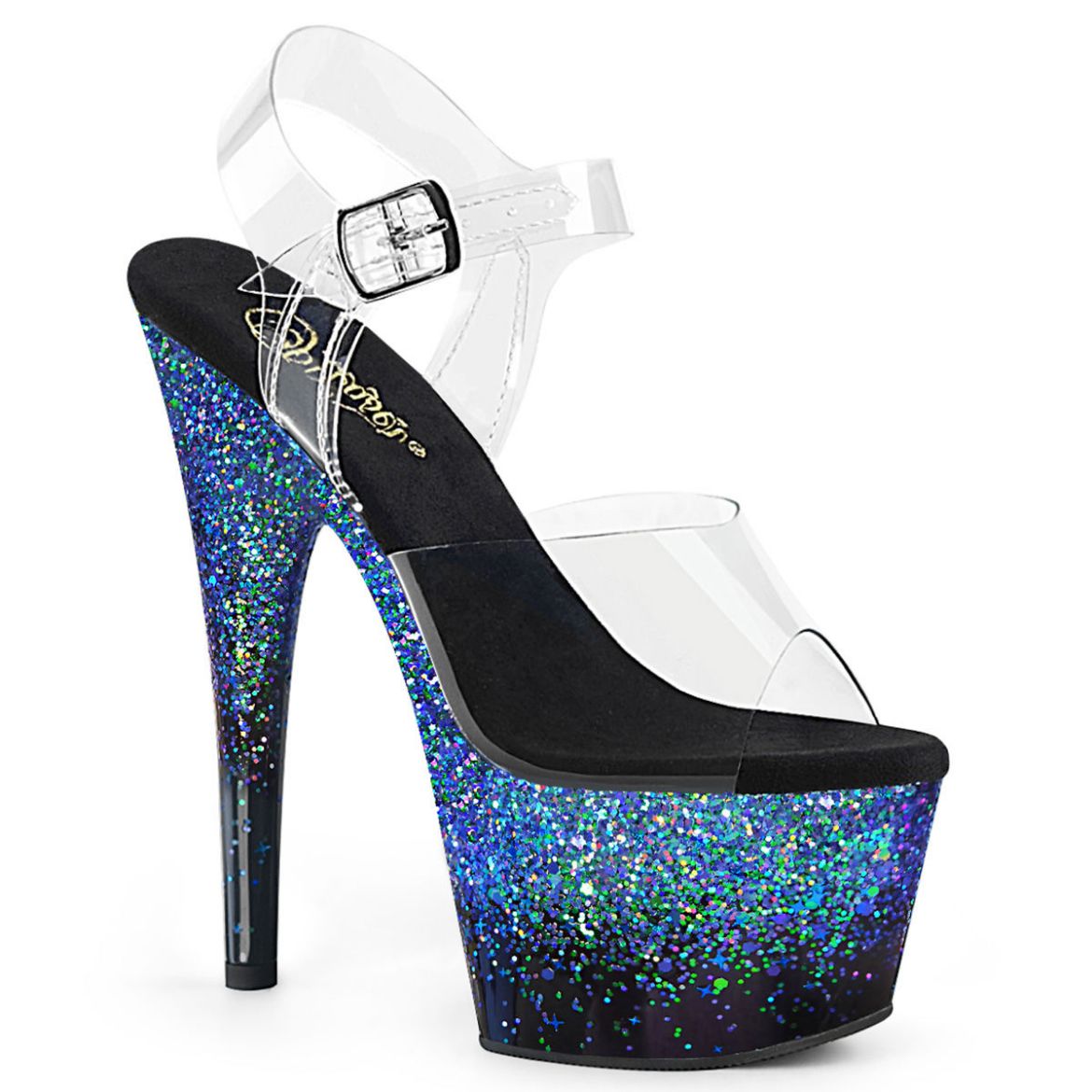 Product image of Pleaser ADORE-708SS Clear/Black-Blue Multicolour Glitter 7 inch (17.8 cm) Heel 2 3/4 inch (7 cm) Platform Ankle Strap Sandal Shoes