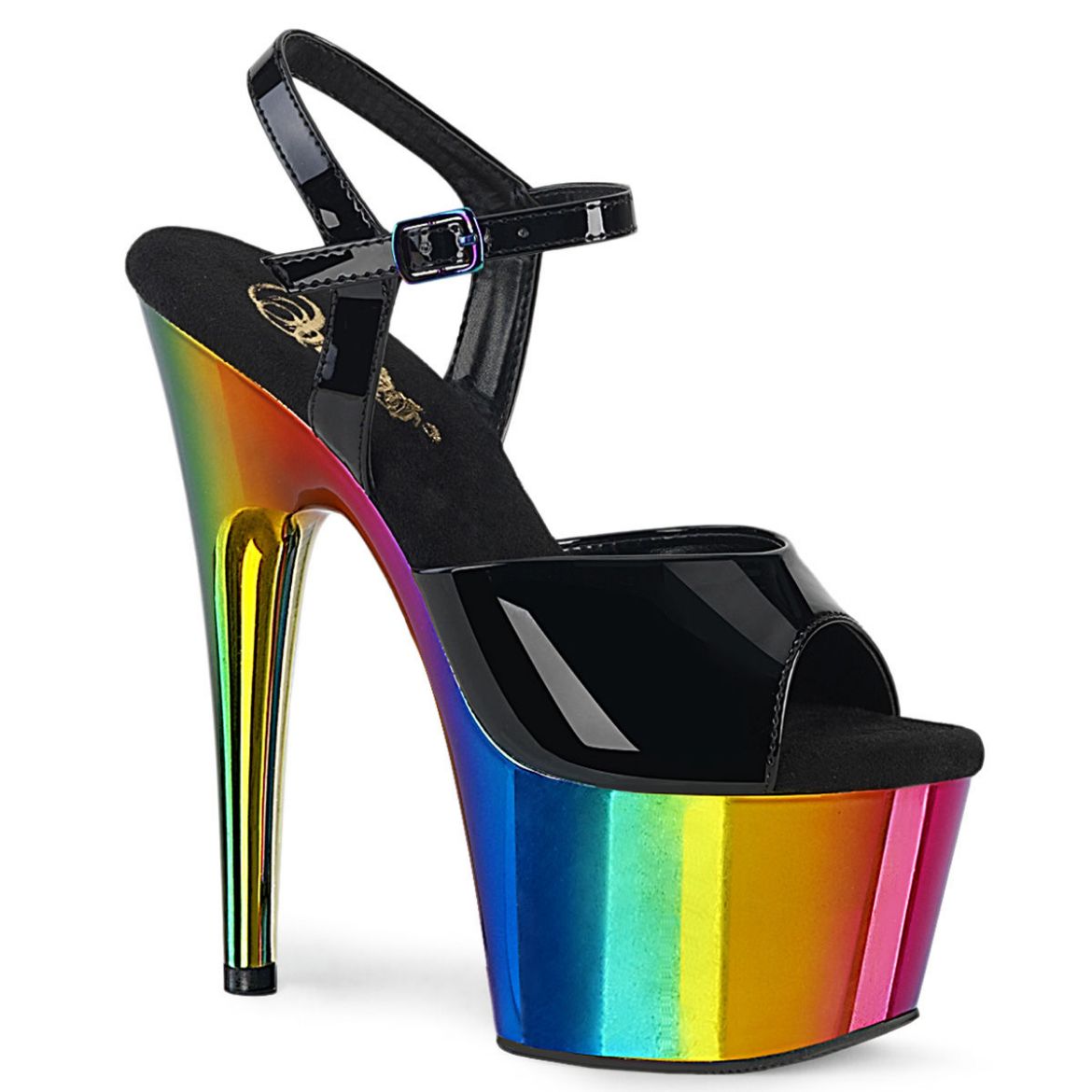 Product image of Pleaser ADORE-709RC Black Patent/Rainbow Chrome 7 inch (17.8 cm) Heel 2 3/4 inch (7 cm) Chrome Plated Platform Ankle Strap Sandal Shoes