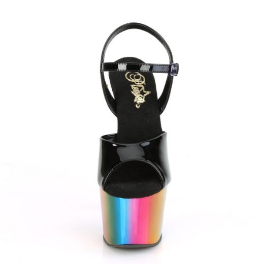 Product image of Pleaser ADORE-709RC Black Patent/Rainbow Chrome 7 inch (17.8 cm) Heel 2 3/4 inch (7 cm) Chrome Plated Platform Ankle Strap Sandal Shoes