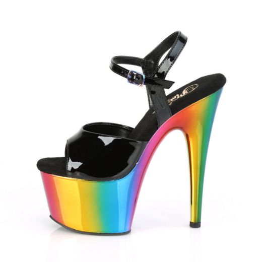 Product image of Pleaser ADORE-709RC Black Patent/Rainbow Chrome 7 inch (17.8 cm) Heel 2 3/4 inch (7 cm) Chrome Plated Platform Ankle Strap Sandal Shoes