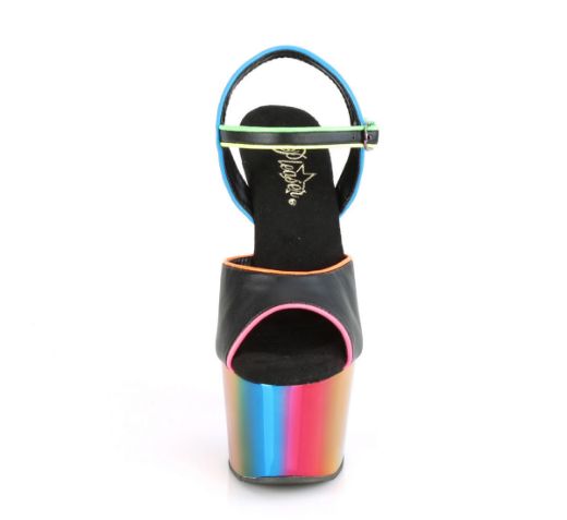 Product image of Pleaser ADORE-709RC-02 Black Faux Leather/Rainbow Chrome 7 inch (17.8 cm) Heel 2 3/4 inch (7 cm) Chrome Plated Platform Ankle Strap Sandal