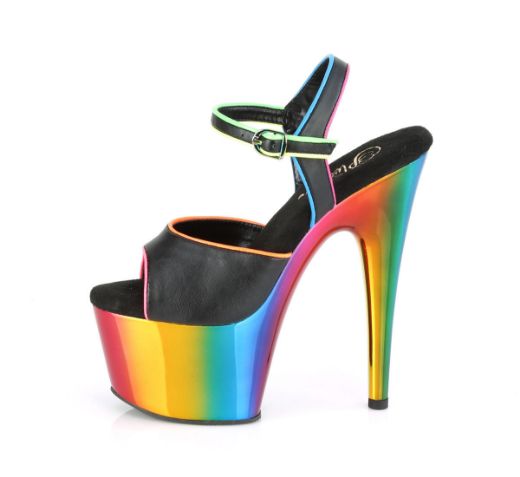 Product image of Pleaser ADORE-709RC-02 Black Faux Leather/Rainbow Chrome 7 inch (17.8 cm) Heel 2 3/4 inch (7 cm) Chrome Plated Platform Ankle Strap Sandal