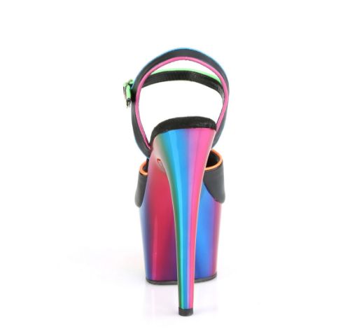 Product image of Pleaser ADORE-709RC-02 Black Faux Leather/Rainbow Chrome 7 inch (17.8 cm) Heel 2 3/4 inch (7 cm) Chrome Plated Platform Ankle Strap Sandal