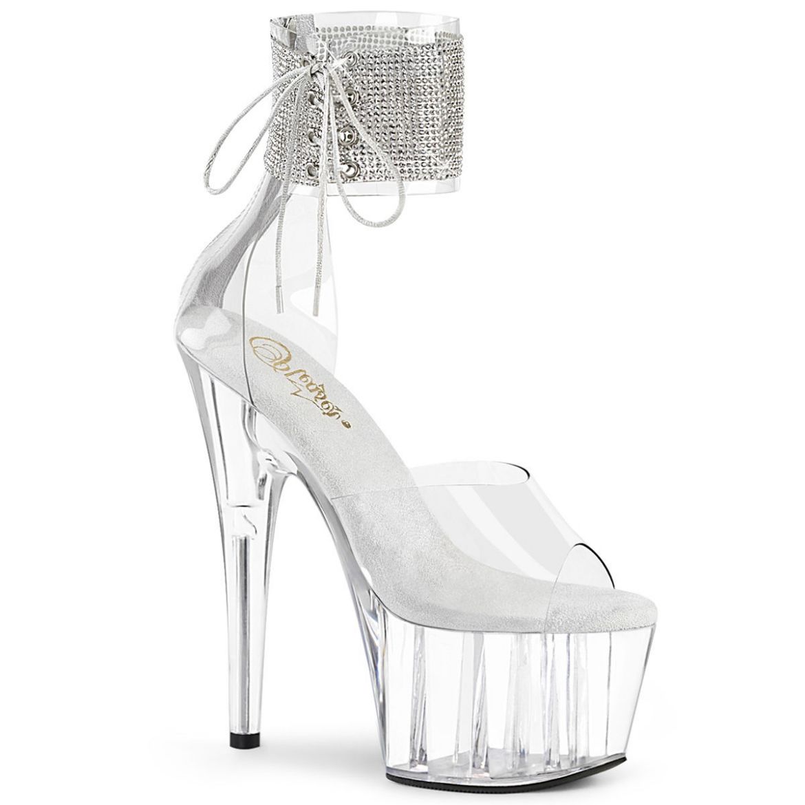 Product image of Pleaser ADORE-724RS Clear/Clear 7 inch (17.8 cm) Heel 2 3/4 inch (7 cm) Platform Ankle Cuff Sandal With Rhinestones Back Zip Shoes