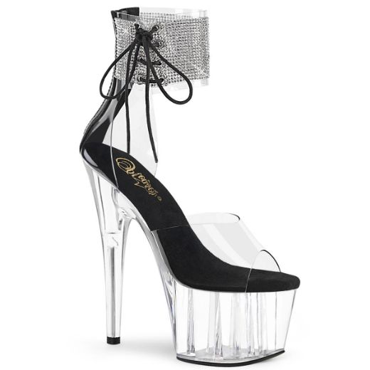 Product image of Pleaser ADORE-724RS Clear-Black/Clear 7 inch (17.8 cm) Heel 2 3/4 inch (7 cm) Platform Ankle Cuff Sandal With Rhinestones Back Zip Shoes