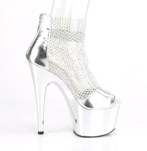 Product image of Pleaser ADORE-765RM Silver Metallic Polyurethane (Pu)-Rhinestones Mesh/Silver Chrome 7 inch (17.8 cm) Heel 2 3/4 inch (7 cm) Platform Close Back Shootie Sandal Back Zip Shoes
