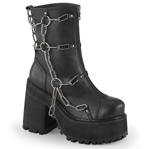 Product image of Demonia ASSAULT-66 Black Vegan Faux Leather 4 3/4 inch (12.1 cm) Heel 2 1/4 inch (5.7 cm) Platform Ankle Boot Front Zip