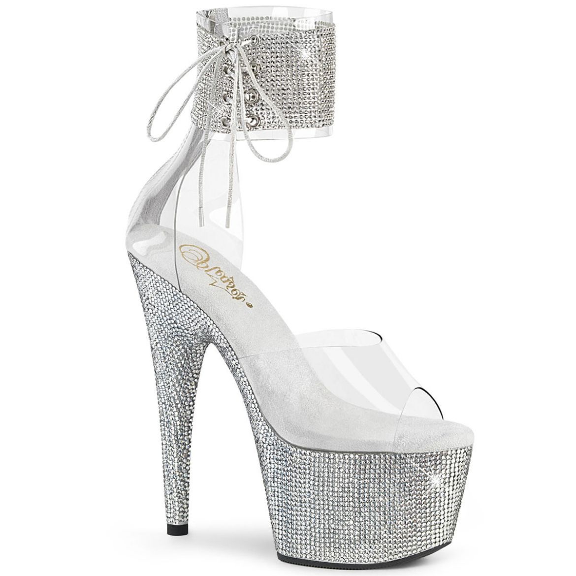 Product image of Pleaser BEJEWELED-724RS Clear/Silver Rhinestones 7 inch (17.8 cm) Heel 2 3/4 inch (7 cm) Platform Ankle Cuff Sandal With Rhinestones Back Zip