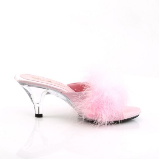 Product image of Fabulicious BELLE-301F Baby Pink Polyurethane (Pu)-Faux Fur/Clear 3 inch (7.6 cm) Heel 1/8 inch (0.3 cm) Mini Platform Faux Feathers Faux Fur Slide Slide Mule Shoes